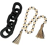 EMINGSKY 2 Pieces Decorative 5 Link Wooden Chain Decor and Bead Boho Farmhouse Rustic Home Table Decor Coffee Table Shelf Aesthetic Modern Bookshelf Table Wooden Decortion (Black)