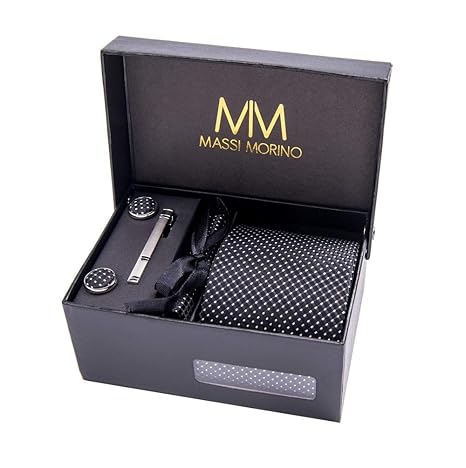Massi Morino ® Herren Krawatte Set (inkl. Einstecktuch + Manschettenknöpfe + Krawattennadel) Geschenkbox