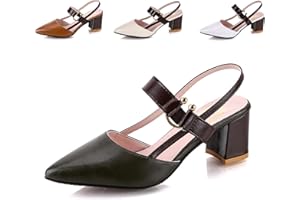 CREPUSCUTE Women's Leather Pointed Toe Block Heel Pump Sandals with Ankle Strap Buckle Summer Casual Wedge Sandals Office Party Fashion High Heels