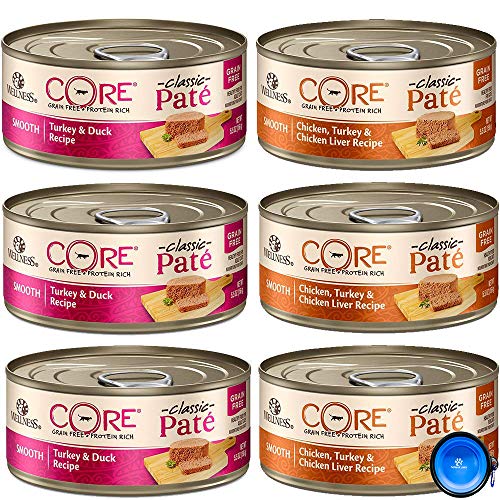 Wellness Natural Premium Grain Free Canned Cat Wet Food Pate - 6 Pack Cans Variety Bundle Pack 2 Flavor - (Chicken& Turkey, Duck & Turkey) W/HS Pet Food Bowl - (5.5 Oz Can)