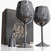 vaanshie 17oz Stainless Steel Wine Glasses [Set of 2] – Black Royal Goblets with Intricate Baroque Engravings, Unbreakable and Shatterproof Wine Cups with Bottle Stopper Ideal for Valentines Day Gift