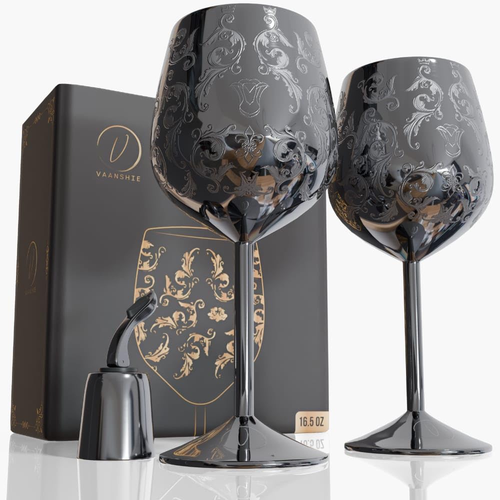 Photo 1 of vaanshie 17oz Stainless Steel Wine Glasses [Set of 2] – Black Royal Goblets with Intricate Baroque Engravings, Unbreakable and Shatterproof Wine Cups with Bottle Stopper Ideal for Mother's Day Gift