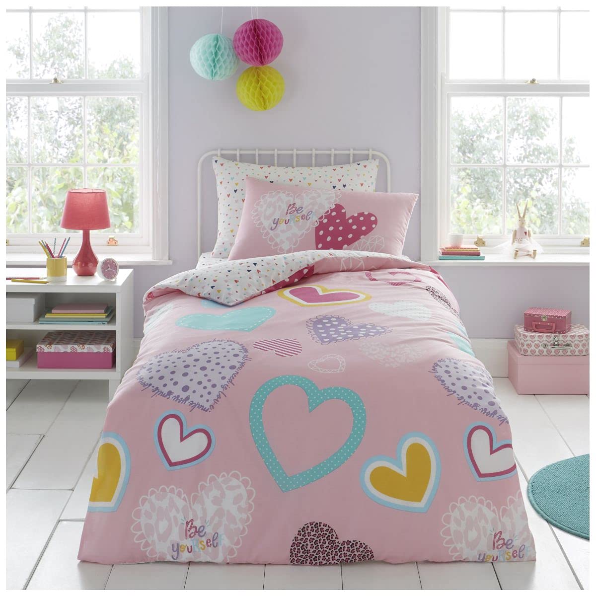 GC GAVENO CAVAILIA Children Duvet Cover OR Luxury Soft Cosy Fitted Sheet Set,Easy Care Heart Bed Linen, Polycotton, Pink, Single, 11583615