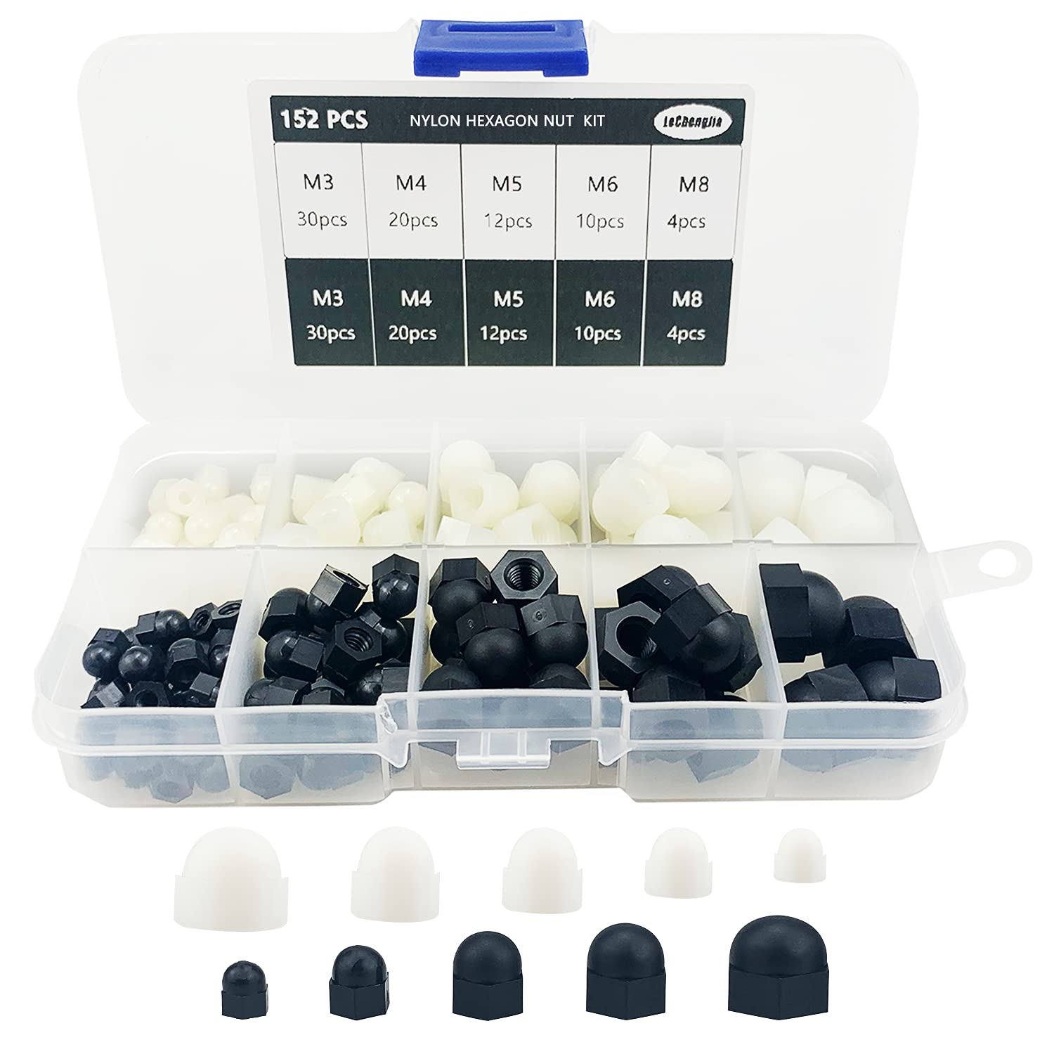 152 Pcs Nylon Acorn Dome Head Hex Nuts,Thread Dia Dome Head Cap Nut,M3 M4 M5 M6 M8 Dome Nuts Assortment Kit,Protection Cover Acorn Cap Nut Decorative Hex Cap (Black,white)