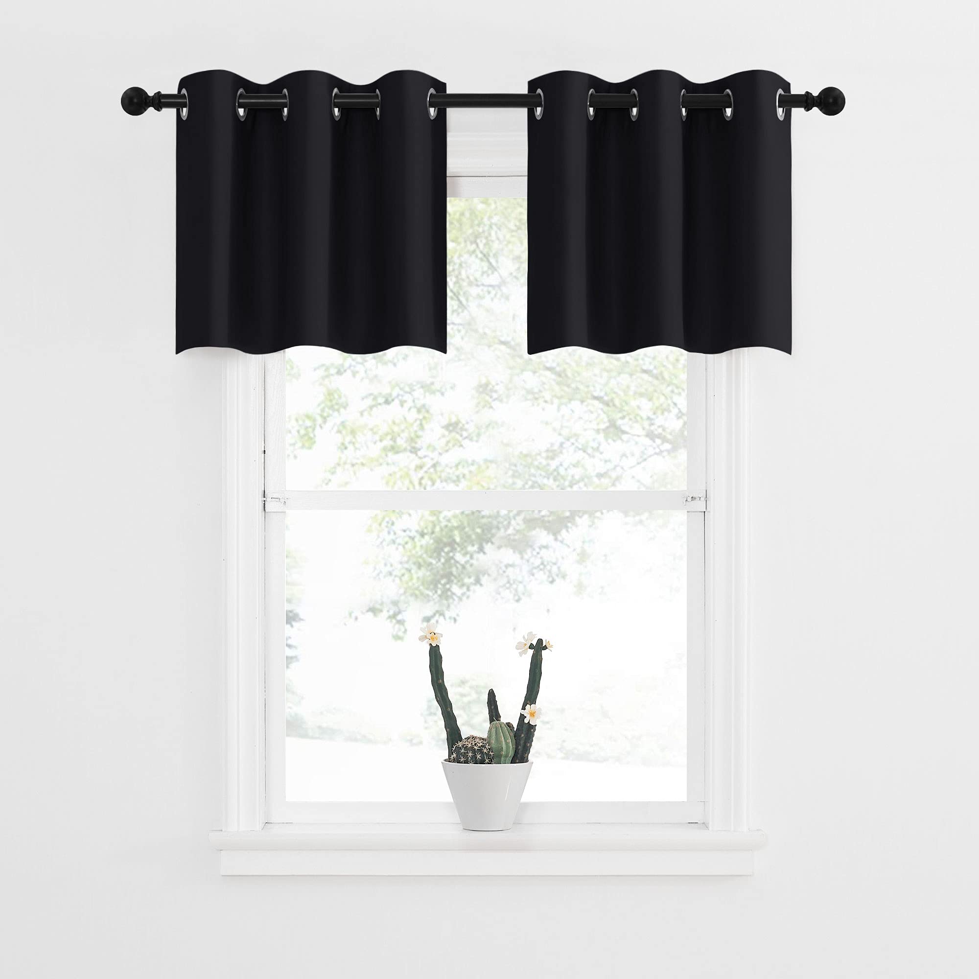 NICETOWN Small Kitchen Window Curtains Valances - Thermal Insulated Home Decor Blackout Grommet Tier Curtains Drapes for Basement Window (Black, 42 inches W by 18 inches L,2 PCs)