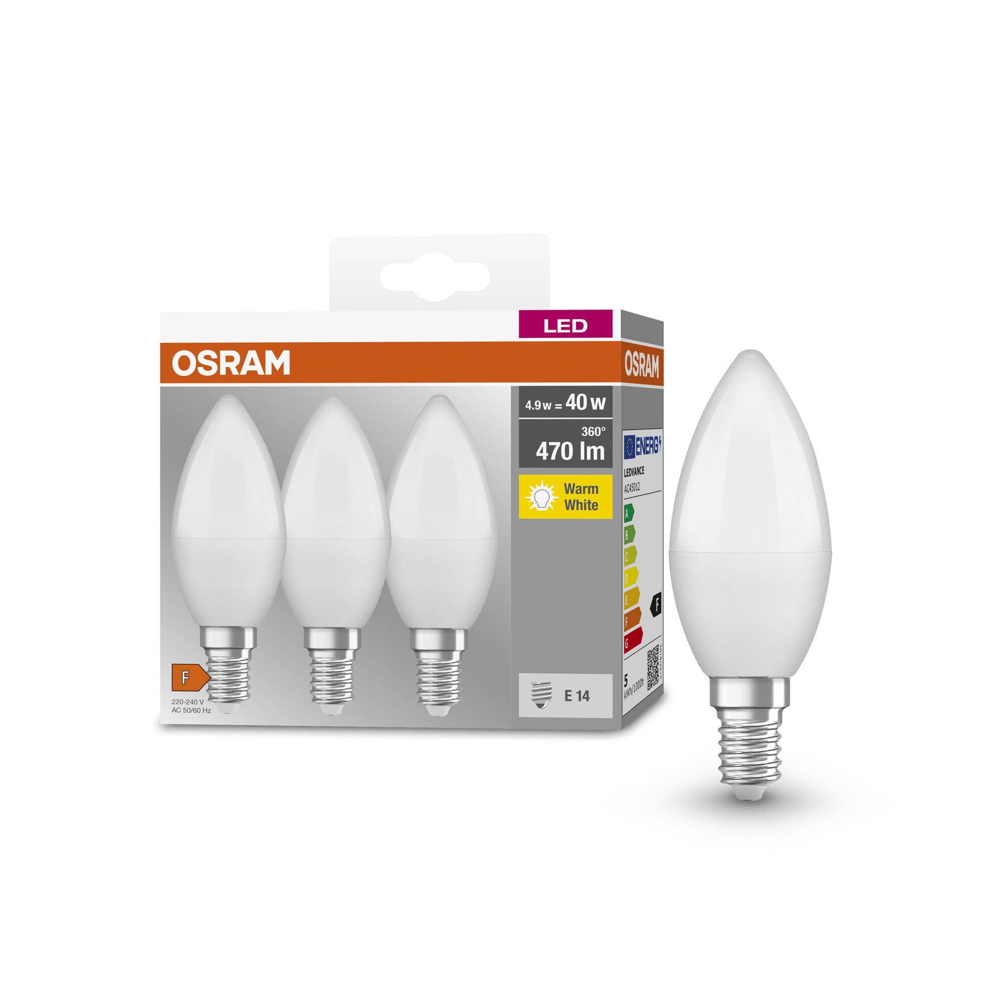 OSRAM Base Classic B 40 FR Led Lamp with E14 Base, Mini Candle Shape, Triple Pack, 4.9W, 470Lm, 2700K, Warm White Light, Low Heat Output, Very Low Energy Consumption, Long Life — image 1