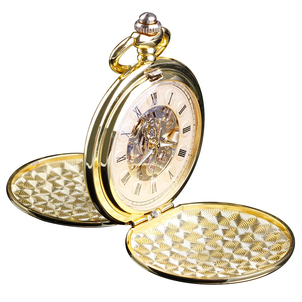 Tiong Pocket Watch Men Royal Double Hunter Series Engraved Roman Numerals Delicate Mechanical Movement Skeleton Dial Pocket Watches