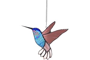 Lolitarcrafts Stained Glass Hummingbird Window Hangings with Flowers, Bird Stained Glass Suncatcher for Window Decor Hummingbird Gifts for Mom,Bird Lovers (Blue B)