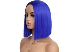 Tereshar Dark Blue Bob Wigs for Coraline Costume Women Girls Heat Resistant Synthetic Hair Women's Costume Wigs Cute Middle Part Fashion Colored Bob Wigs for Fun Cosplay Halloween Party(12inch)