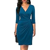 Berydress Women's Classic 3/4 Sleeve V Neck Sheath Casual Party Work Faux Black Wrap Dress