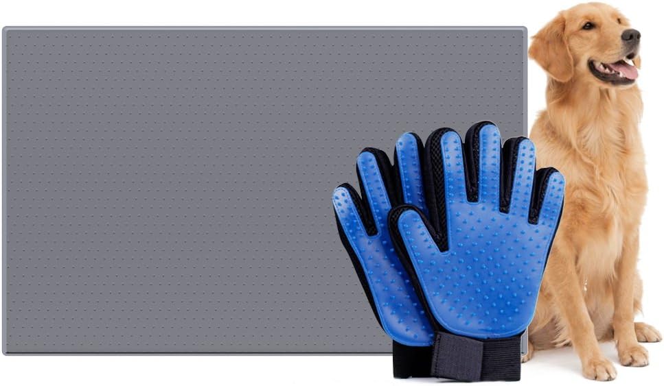 squibomb Pet Grooming Glove and Dog Feeding Silicone Mat - Pet Hair Remover Deshedding Brush Mitten - Non-Stick FDA Waterproof Pet Cat Bowl Food Pad