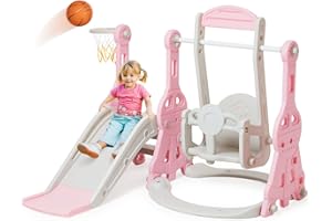 QUIIKM Toddler Slide and Swing Set 4 in 1 Baby Slide Climber Playse with Swing Slide Climber and Basketball Kids Slide and Swing Set Indoor Outdoor Backyard Baby Playground Toy for Toddlers (Pink)