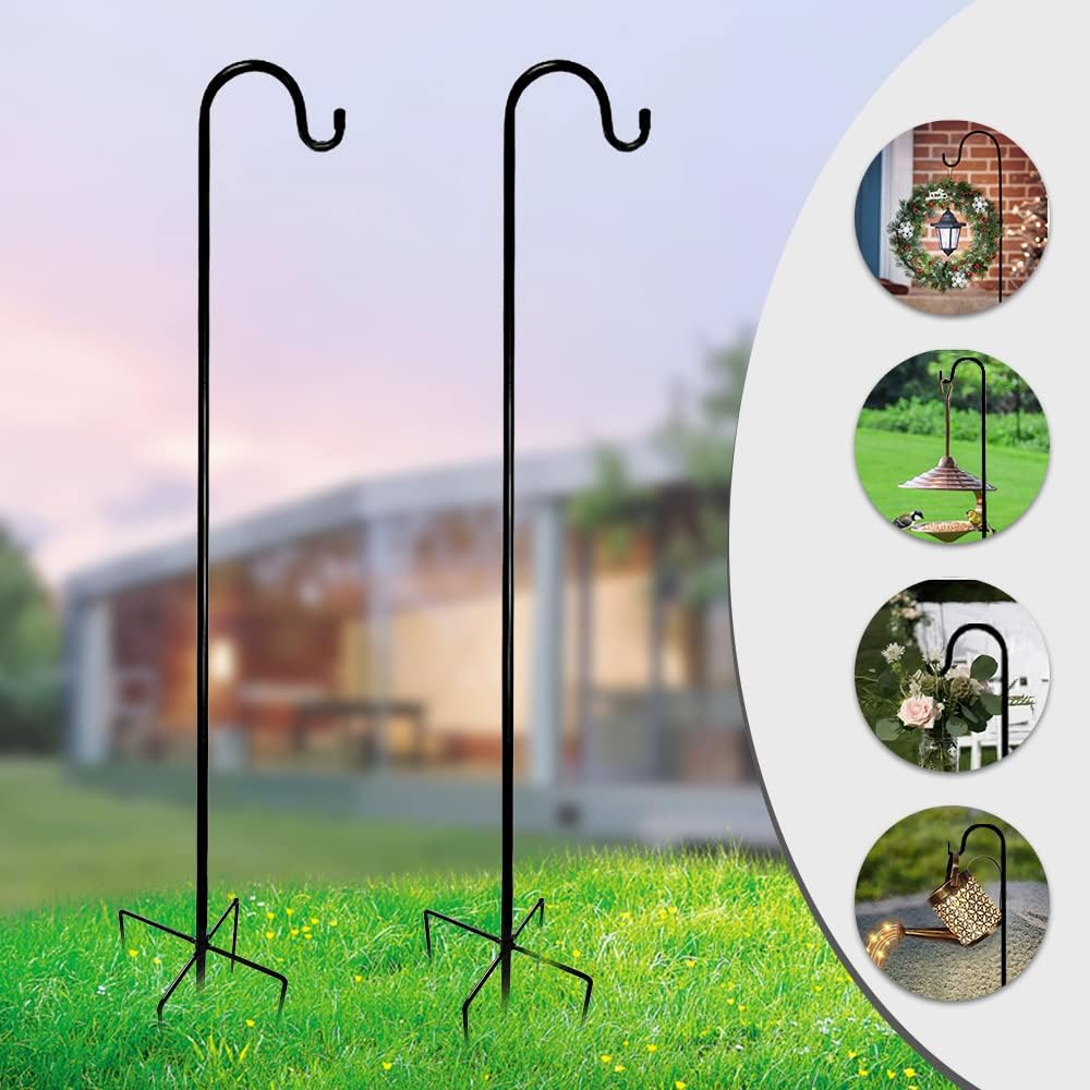 Outdoor Shepherd's Hooks - Grenintol Garden Shepherd Hook for Christmas Decor 2 Pack Iron Adjustable Shepherd Hooks Bird Feeder & Light 47.5 Inch with 5 Base