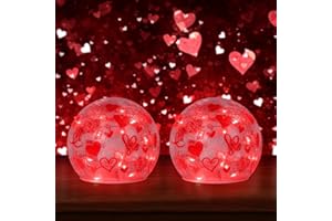 YEAHOME Valentines Day Decorations, Set of 2 Crackle Glass Ball Led Lights with Love Heart Pattern for Table Decor, Lighted Globes with Timer for Home Indoor Living Room Mantel Centerpiece, Red