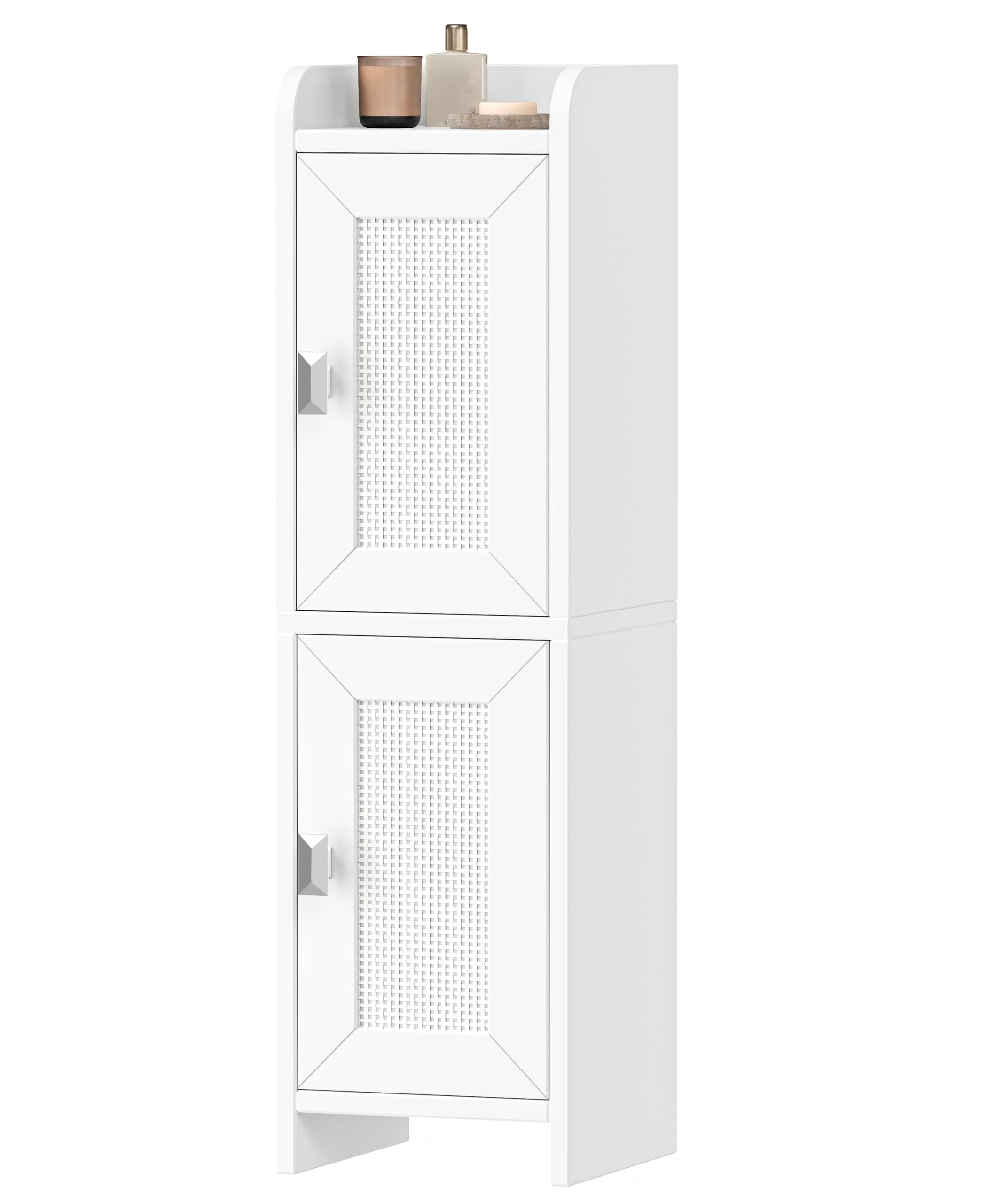 Akxomel Rattan Small Bathroom Cabinet with 2 Doors, 7.9''D x 7.9''W Narrow Toilet Paper Storage Cabinet, Bathroom Organizer for Small Spaces, Slim Corner Unit with Adjustable Shelf, White Rattan