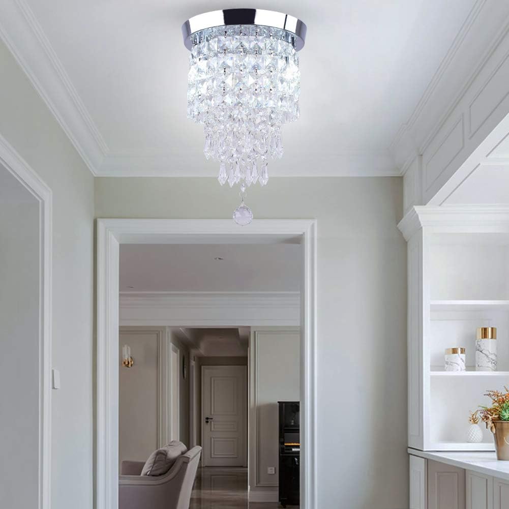 TongLan Crystal Chandelier, 2 Light Flush Mount Ceiling Light, H12.59 x W7.87 inches Modern Mini Chandelier Lighting Fixture for Bedroom, Living Room, Dining Room, Hallway, Kitchen - - 