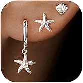 Valentine’s Day Heart Dangle Earrings 3 Pairs Set for Women, Gold Dainty Love Heart Seashell Starfish Cross Stud Hoop Earrings for Multiple Piercing Cartilage, 14K Plated Womens Valentine's Jewelry Gifts