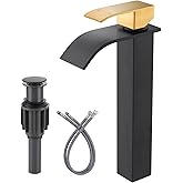 Vessel Sink Faucet Black and Gold: ARCORA Single Hole Tall Waterfall Bathroom Faucet, Single Handle Lavatory Vanity Tap with Pop Up Drain and cUPC Supply Lines