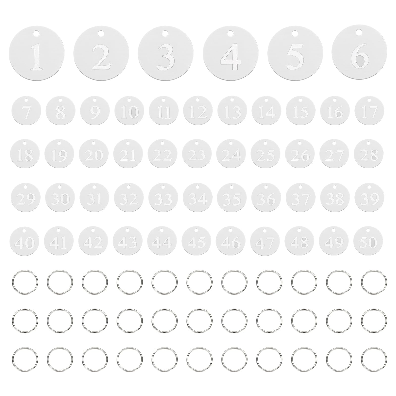 Photo 1 of PATIKIL 50PCS Number Tags 1-50, Number Key Tags Aluminum Numbered Keychain Metal Round with Key Rings for Organizer Field Sales Hangers Clothes Labels ID, Silver