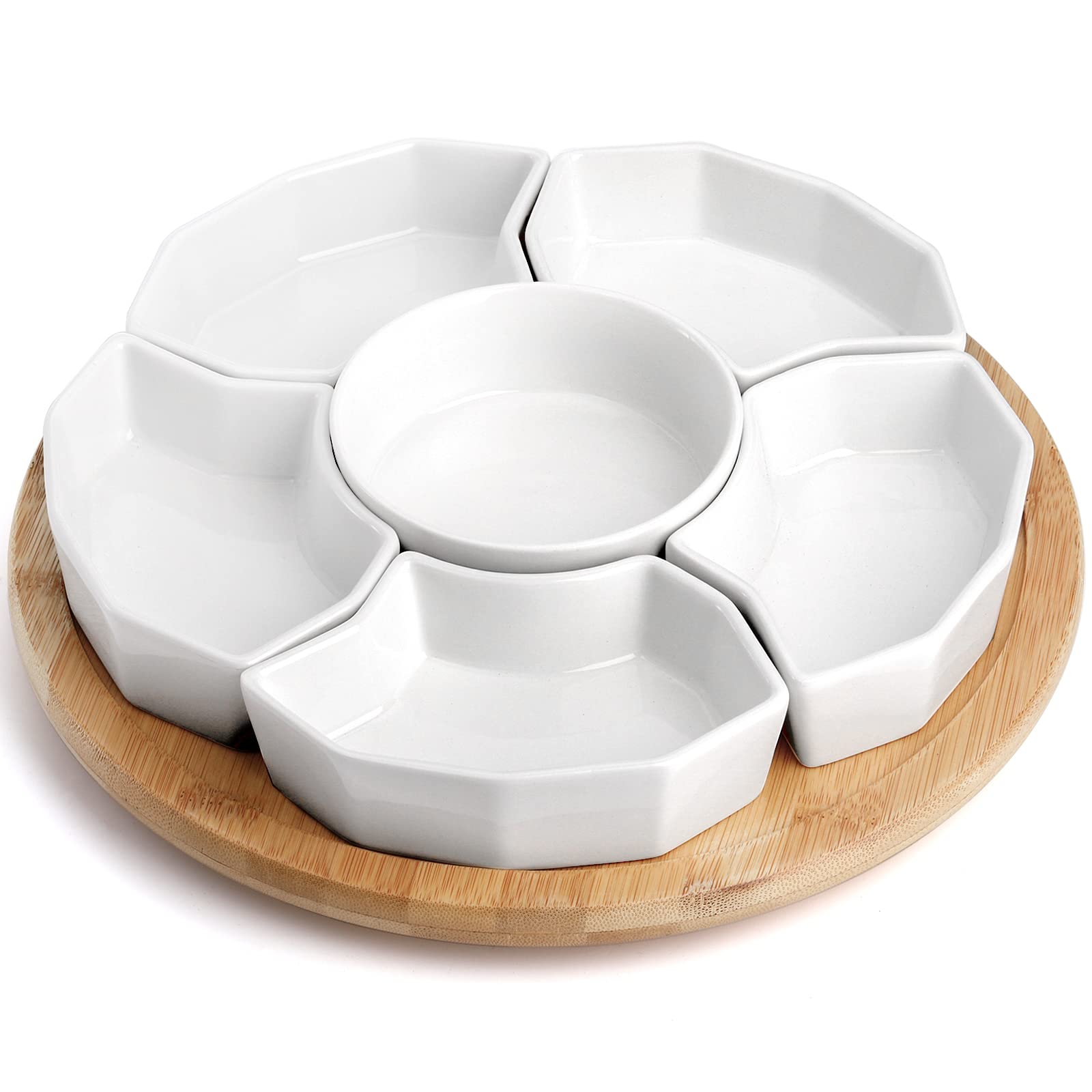 Photo 1 of SOUJOY 11'' Lazy Susan Serving Tray, Porcelain 360° Rotatable Serving Tray and Platters, Removable Divided Serving Dishes, Party Relish Bowl for Chip, Dip, Veggies, Candy and Snack, Cheese, 7 Pieces
