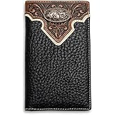 Western Stakes Long Leather Wallet – Cowboy Praying Concho – Tooled Floral Inlay – Bi-Fold Rodeo Wallet for Men – Western Leather Wallet