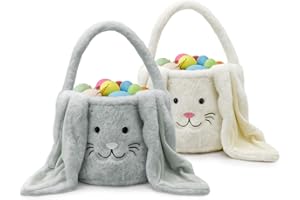 Faylapa Easter Egg Hunt Basket, Bunny Bag with Fluffy Ears- Partys Celebrate Decoration Eggs Candy Gifts 2Pcs Carry Bucket
