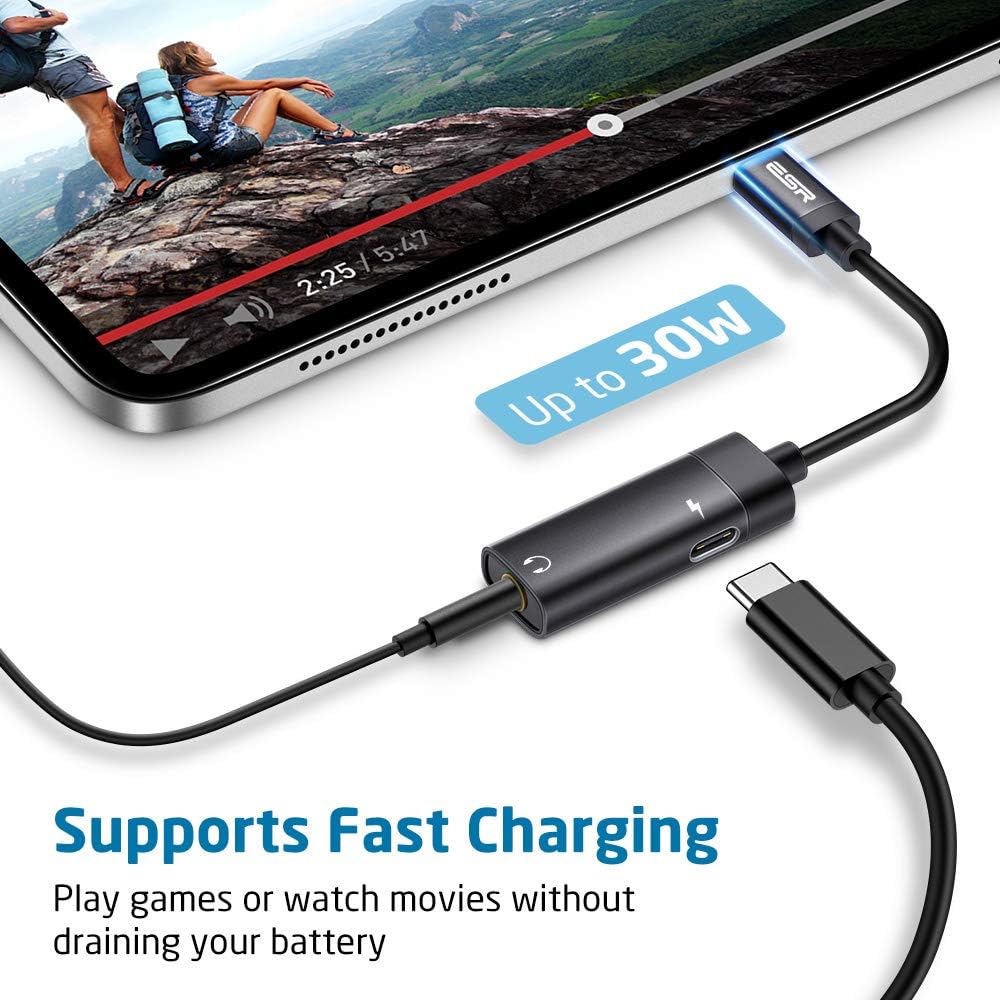 ESR 2-in-1 USB-C PD Headphone Jack Adapter, Type-C to 3.5mm Audio Adapter, for Aux, Stereo, Earphones, Headset, Headphones, Compatible with Galaxy S20/S10/Note10, Pixel 3/4, iPad Pro 2018, Black: Electronics