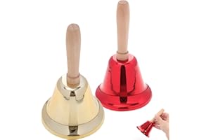 DIDISEAON 2 Pcs Hand Bell Christmas Loud Call Bells Metal Signal Ringing Bell Santa Bells with Wooden Handle for Xmas Service Dinner Pets Wedding Party (Brass Gold & Red)
