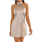 Parthea Womens Sleeveless Satin Silk Mini Dress Backless Halter Neck Tie Bow Elegant Club Party Going Out Dresses