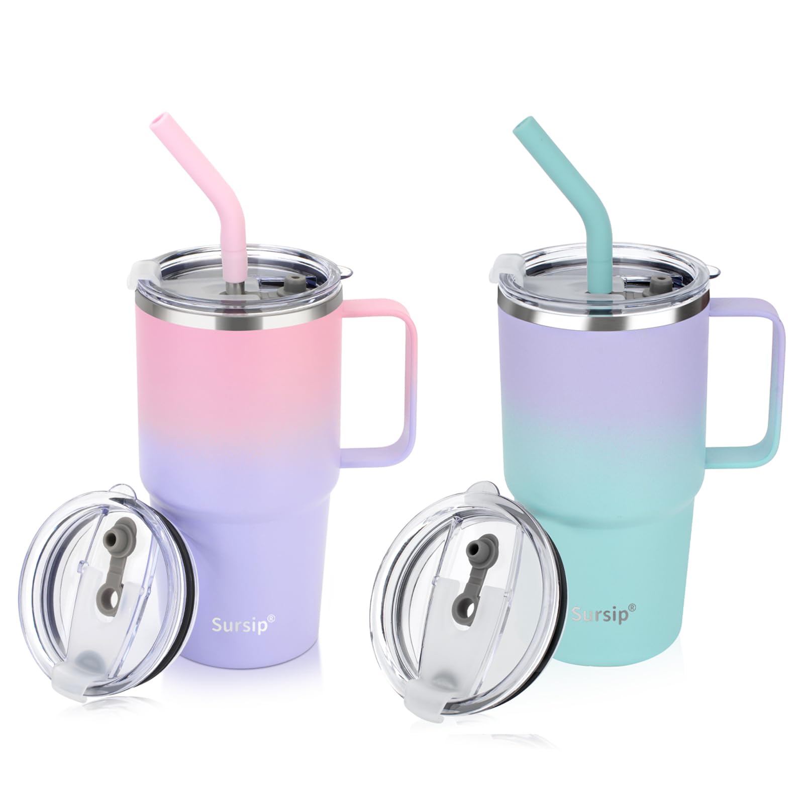 Sursip Kids 24 oz Insulated Cup with Handle, Double Wall Vacuum Stainless Steel Tumbler with Straw and 2 Lids, for Cold/Hot Drinks, Coffee Travel Mug for Car/Home/Office/Party/Camping (2 Pack) Image
