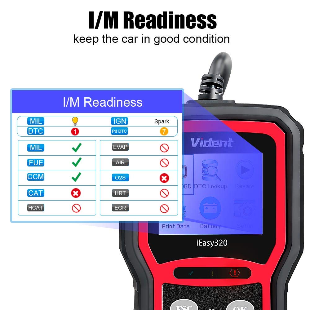 VIDENT iEasy320 Universal Obdii/Eobd+Can Code Reader Obd2 Diagnostic Scan Tool for Car Engine Fault Code Reader/O2 Sensor Systems Diagnostic/On-Board Monitor/Component Test Multi-Language