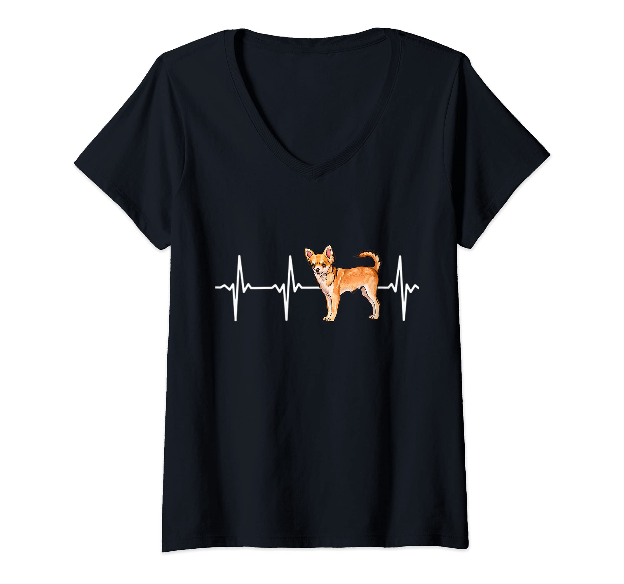 Womens Brown Chihuahua Heartbeat Love My Dog V-Neck T-Shirt