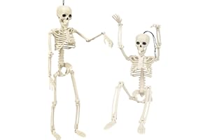 JREMREO 2 Pack 15.7 Inches Poseable Full Body Skeleton Decorations, Small Halloween Skeleton Props with Movable Joints, Indoor Outdoor Halloween Decorations for Parties, Haunted House, and Yard Décor