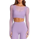 LASLULU Mesh Long Sleeve Crop Tops for Women Double Lined Workout Athletic Gym Shirts Cropped Tops with Built in Bra