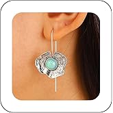 Allereyae Boho Gemstone Flower Dangle Earrings Flower Threaded Earrings Silver Floral Drop Earrings Floral Stone Earrings Metal Flower Earrings Jewelry for Women