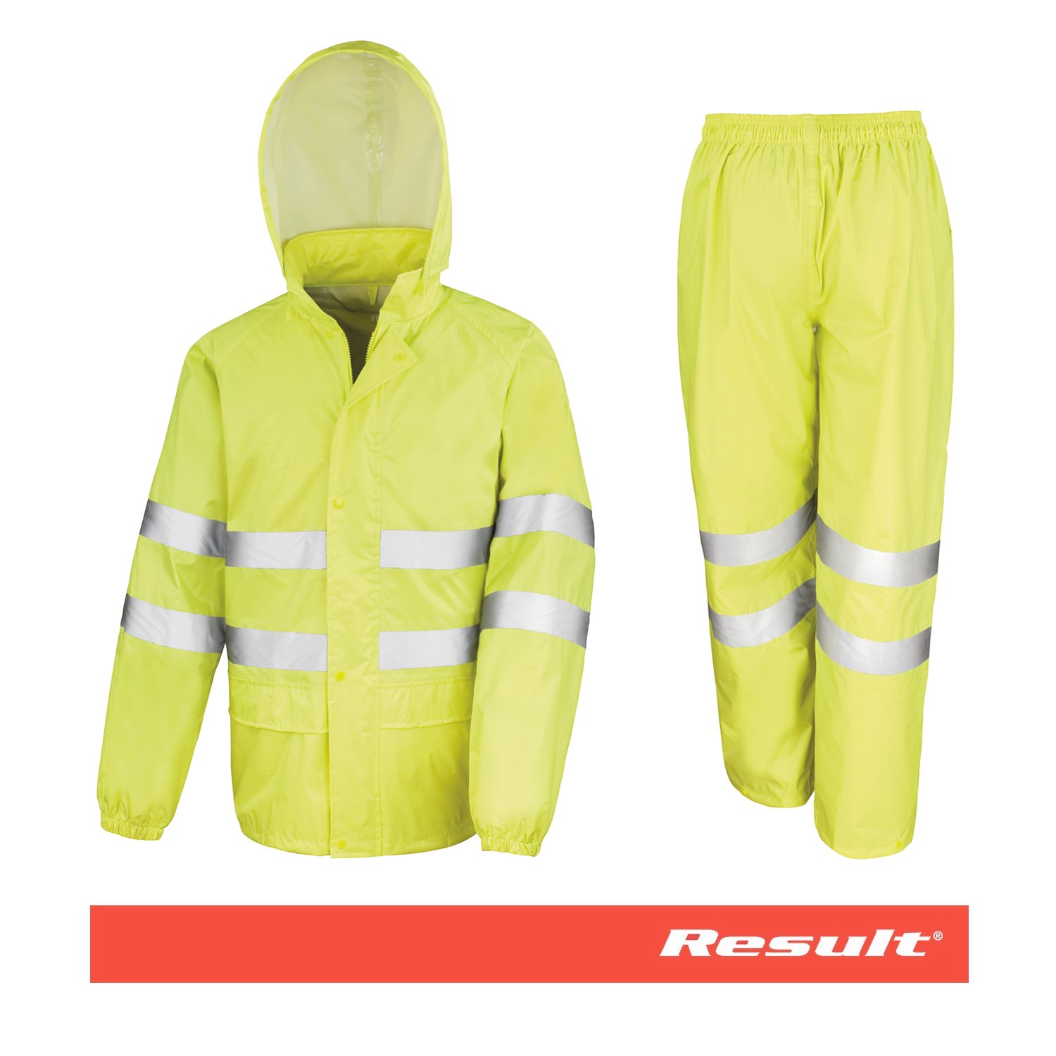 Traje de Agua/Conjunto Lluvia Alta Visibilidad con Bandas Reflectantes - 2 Piezas (Pantalón y Chaqueta) - Impermeable (2.000 mm) y Resistente al Viento - Color: Amarillo Fluorescente (XL)