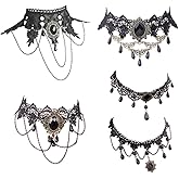 Dumcondy Halloween Elegant Sexy Women Lady Retro Gothic Punk Style Necklace Black Lace Neck Chain Collar Statement Choker Victorian Steampunk Jewelry Party Wedding Princess,5 Pieces/Set