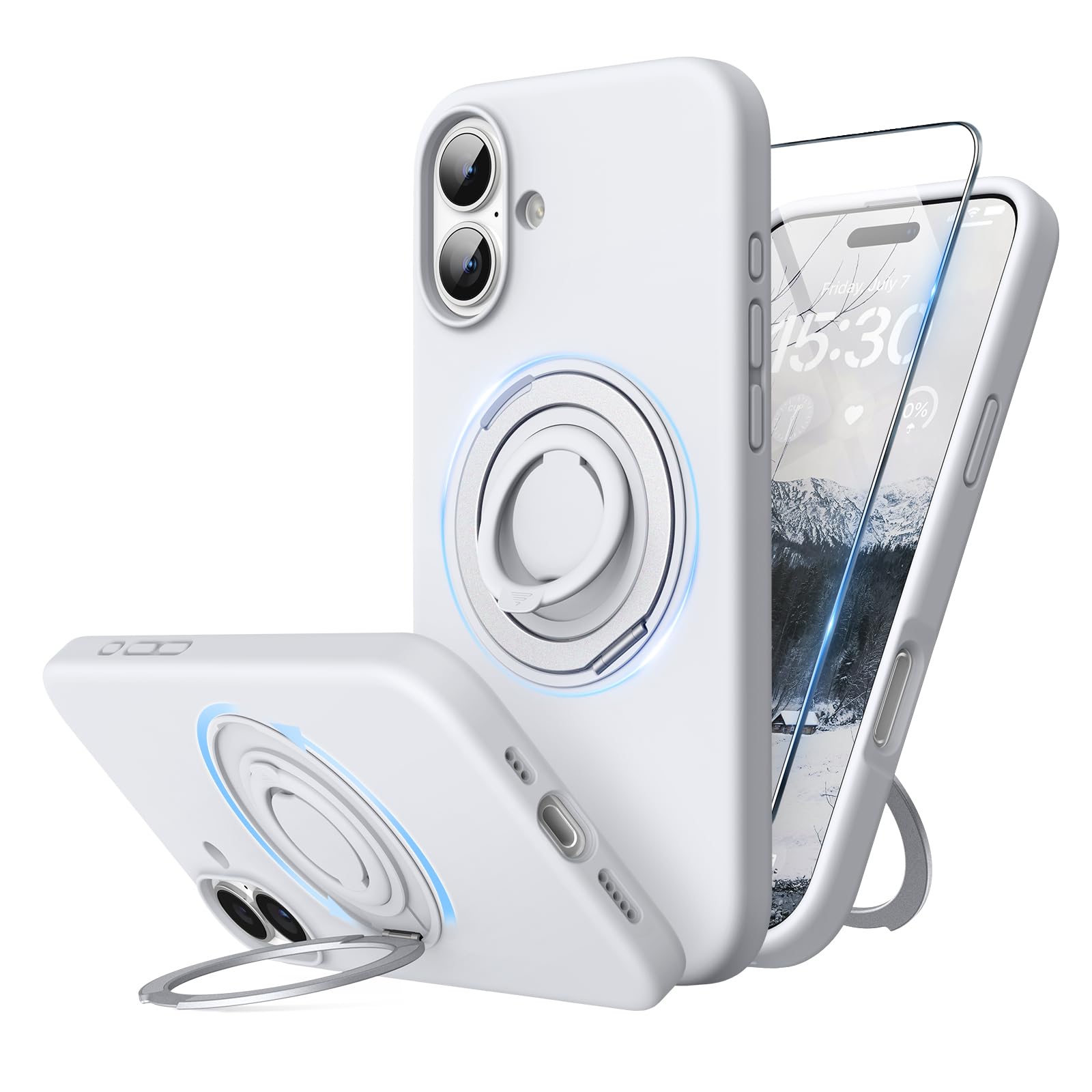 SURPHY Design for iPhone 16 Case, with 360° Rotatable Magnetic Stand & Finger Ring, Liquid Silicone Phone Case for iPhone 16 6.1 inch 2024, White Titanium