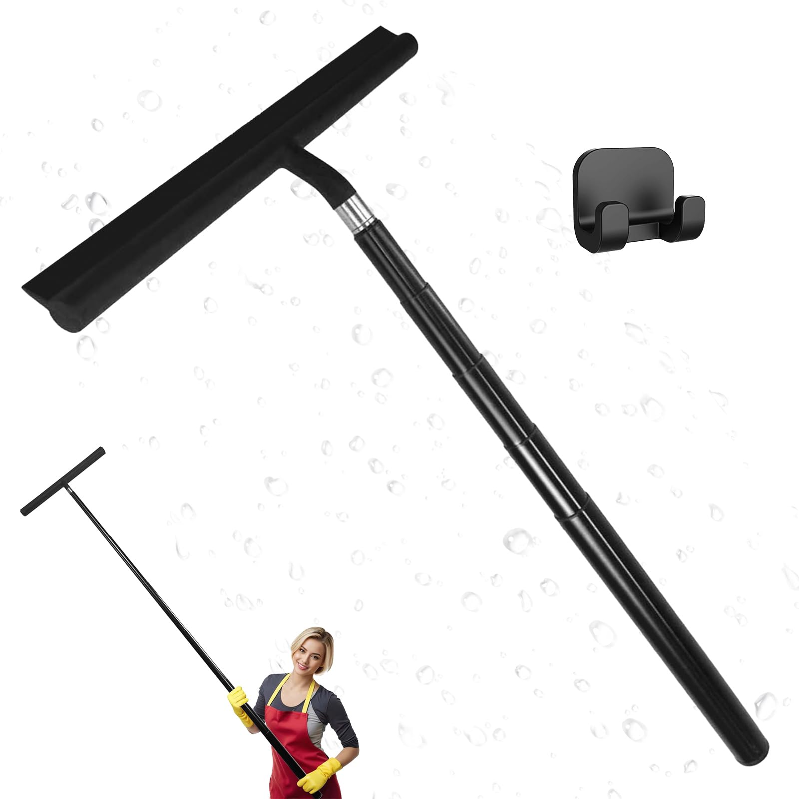 Photo 1 of Telescopic Black Shower Squeegee for Glass Doors, Tile Shower Walls, and Bathroom - 13.19x43.13 Inch - Includes Suction Hook, Ideal Squeegee for Shower Glass