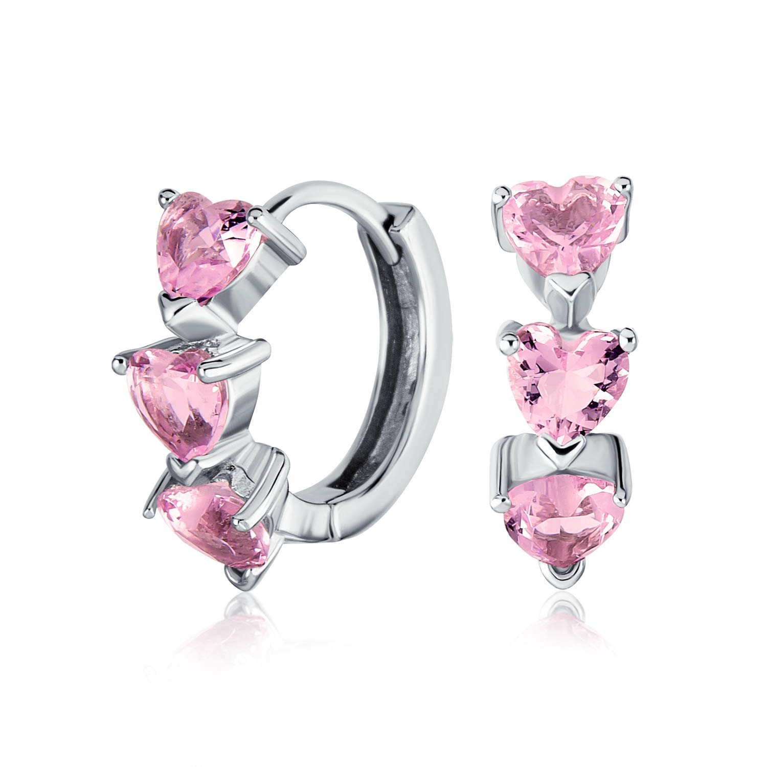 Romantic 3 CZ Pink Heart Shaped Cubic Zirconia Endless Huggie Small Hoop Earrings For Women Teens Girlfriend Hinged .925 Sterling Silver