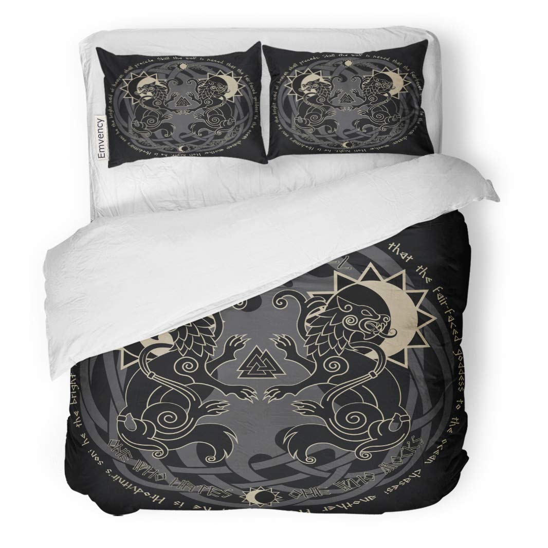 Semtomn Decor Duvet Cover Set King Size Two Wolves from Norse Mythology Hati and Skoll Devour 3 Piece Brushed Microfiber Fabric Print Bedding Set Cover