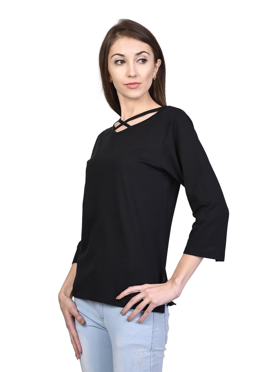 kalt women's v-neck 3/4th sleeves cotton blend top/t-shirt (tw14)