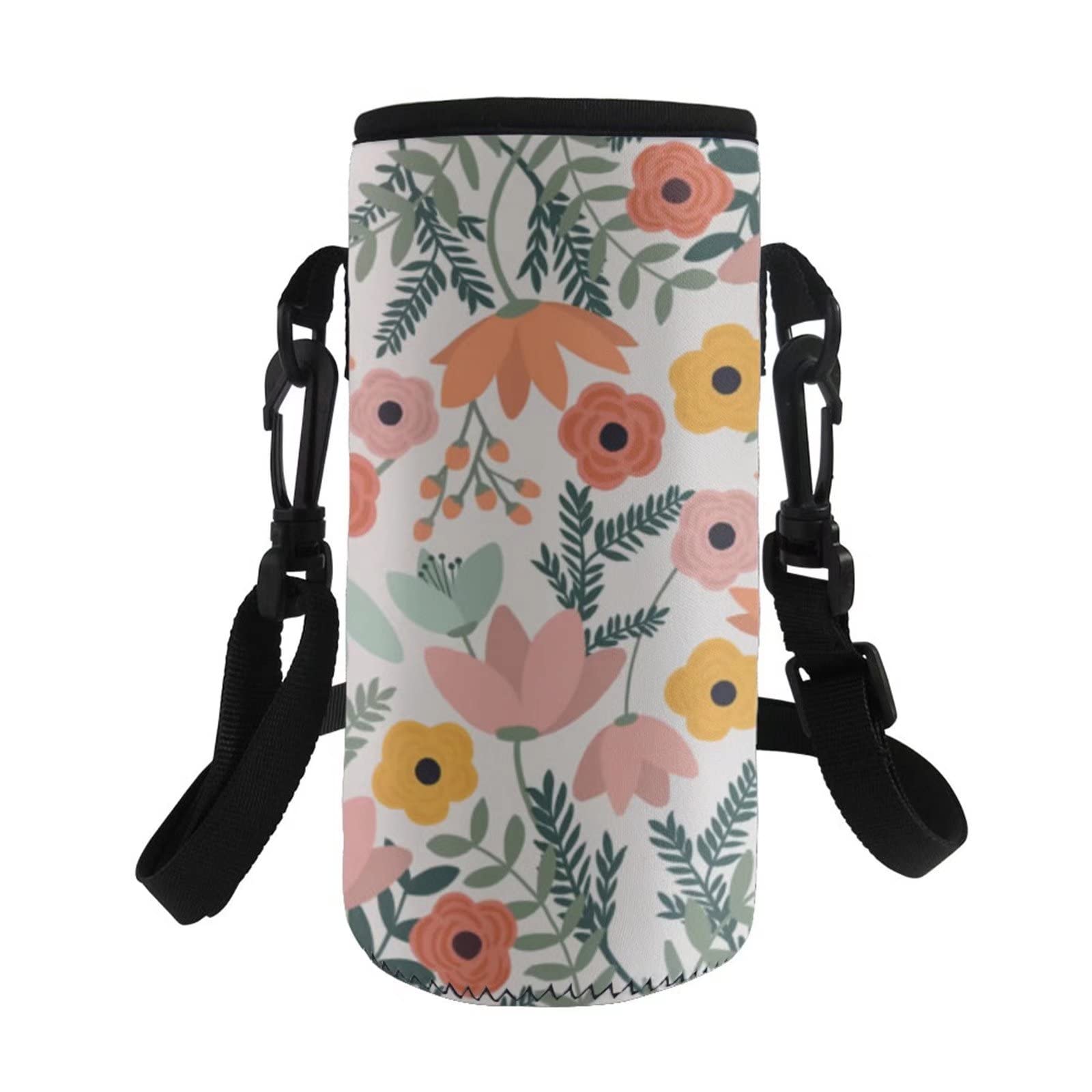 COEQINE Water Bottle Carrier Insulated Neoprene with Flowers Pattern,Adjustable Shoulder Strap for Men Women Kids Hiking, Sling Bottle Bag Case