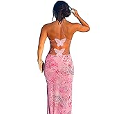Women’s Butterfly Dress Sexy V Neck Backless Sleeveless Bodycon Maxi Dresses