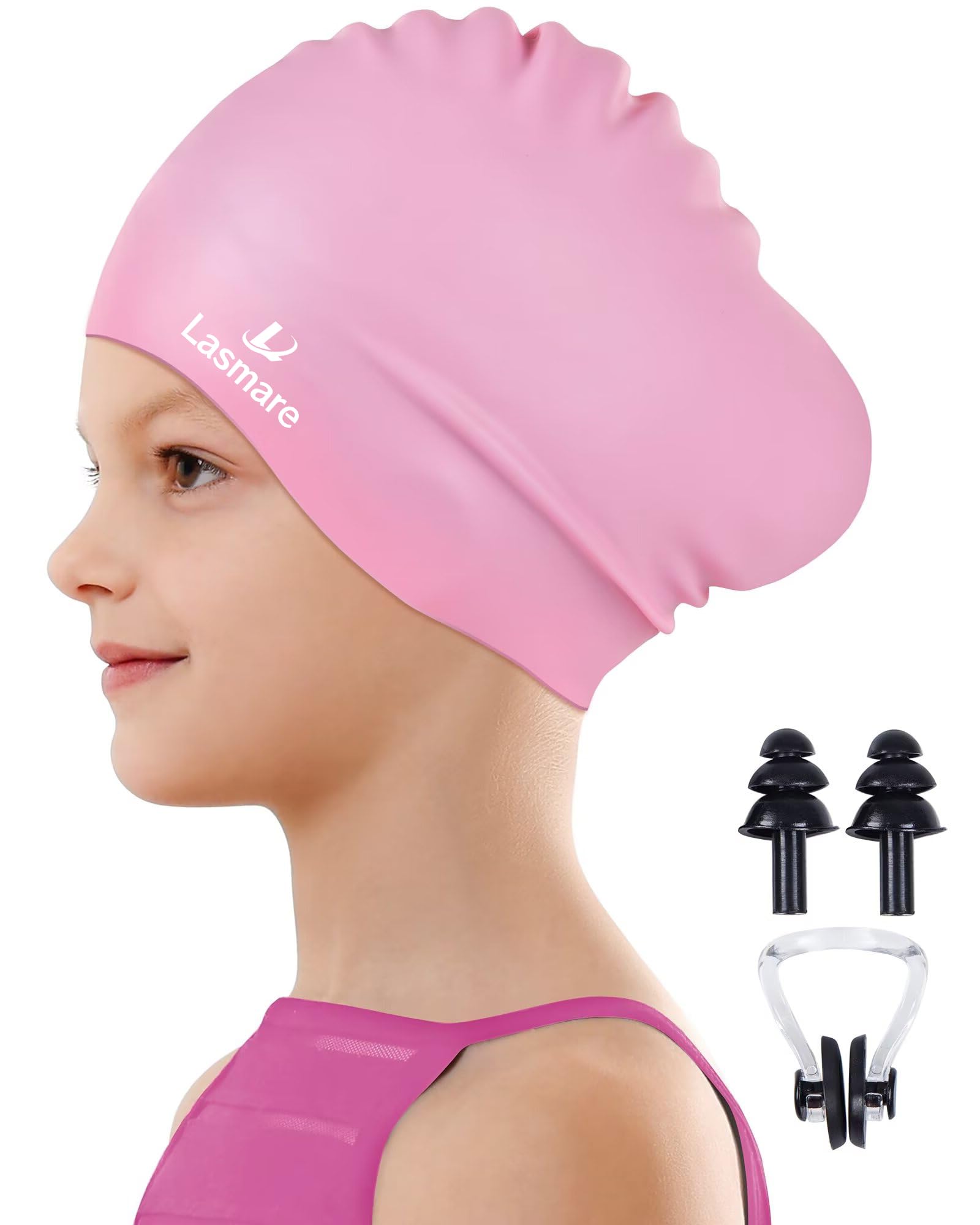 Kids Long Hair Swimming Cap for Girls Boys, 2 Size Silicone Swimming Hat for Age 3-15 Toddler Children Teens, Waterproof Swim Cap Bathing Hat with Ear Plugs & Nose Clip to Keep Hair Dry(Age 3-8/Pink)