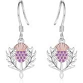 Scottish Thistle Earrings for Women - 925 Sterling Silver Thistle Dangle Earrings Amethyst CZ Scottish Thistle Earring Hypoallergenic Jewelry Gifts