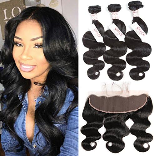 Grace Plus Hair Brazilian Body Wave 3 Bundles with Frontal Ear to Ear Lace Frontal Closure with Bundles Brazilian Hair with Closure Human Hair Extensions Lace Frontal with Baby Hair (14 16 18+12)