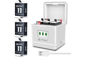 A ARTMAN Artman Enduro Battery 1800mAh 3-Pack for Gopro Hero 11 12 10 9 Black with 3-Channel USB Intelligent OLED Color Display Charger White(Fully Compatible with Gopro Hero 11/12/10/9 Battery Charger)
