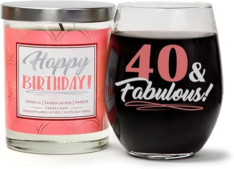 Amazon Com 40 Fabulous Birthday Candle Gift Set Cute Stemless 15 Oz Wine Glass Happy Birthday Soy Candle Vanilla Sandalwood Amber Happy 40th Birthday Gifts For Women Birthday Gift Boxes Wine Glasses