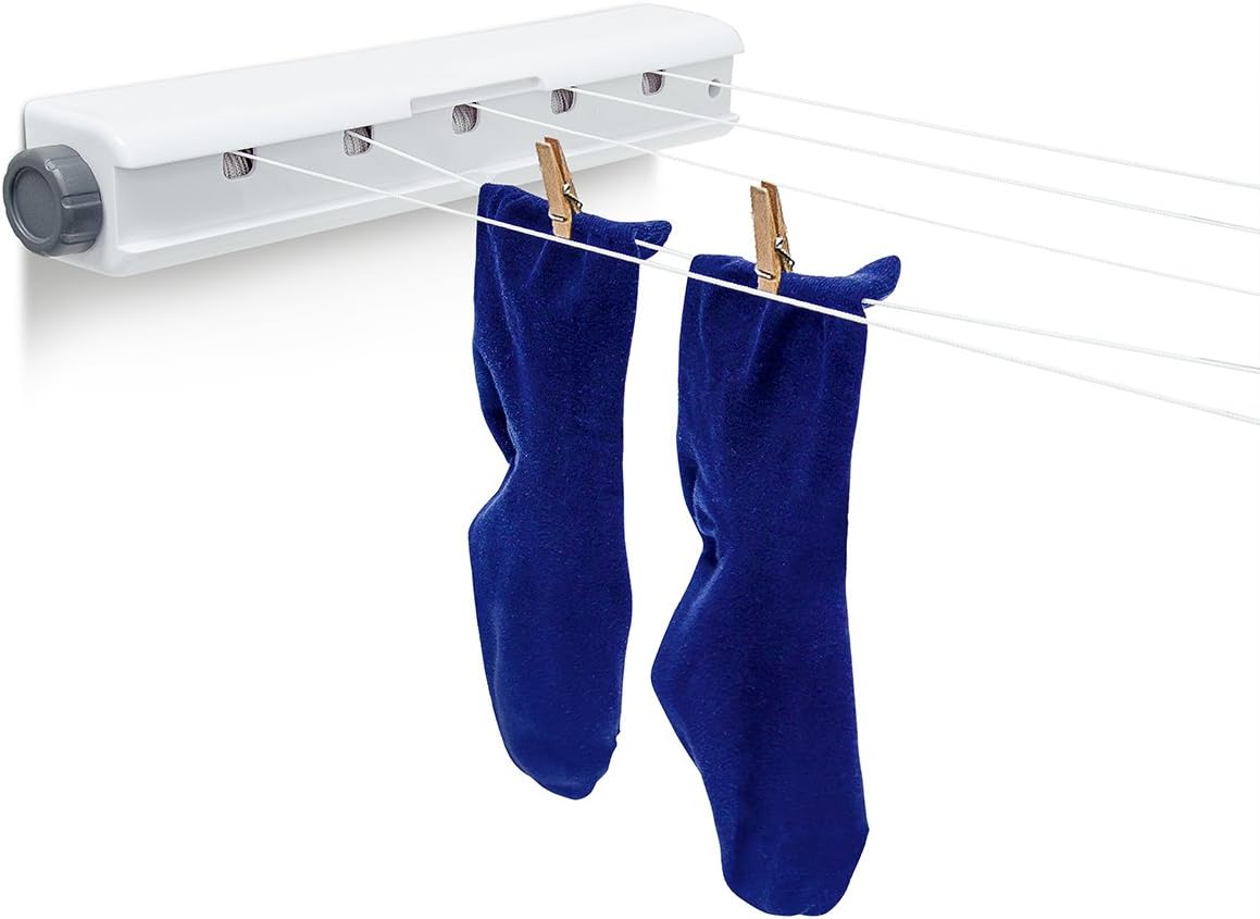 Relaxdays Wall Mount Clothes Drying Rack 20.8 m Automatic Roll-In Laundry Line 5 Lines, White/Grey, White / Grey, 7 x 47 x 7.5 cm - Image 3
